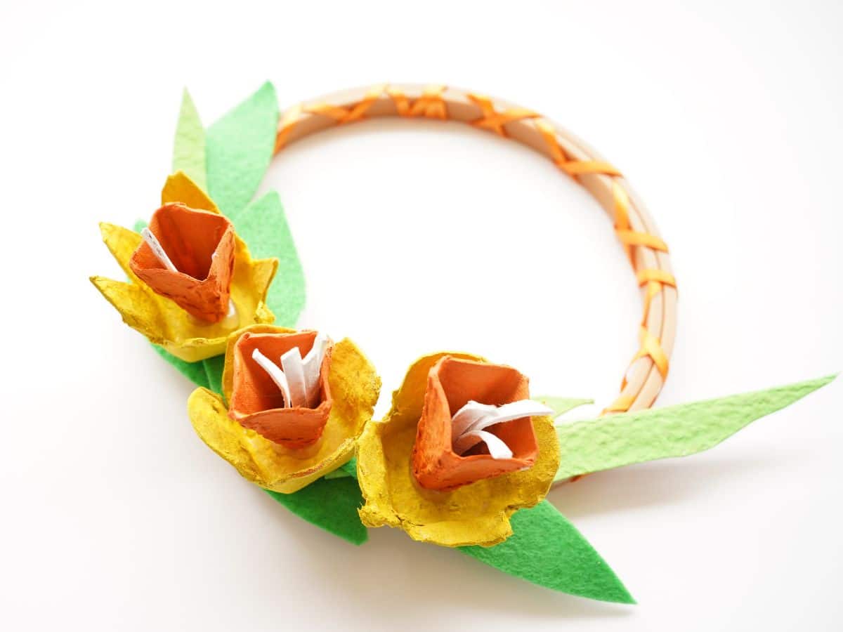 close up of egg carton daffodil flower wreath