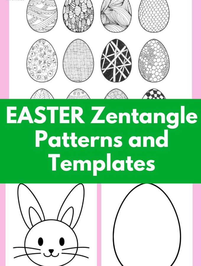 easter eggs filled with zentangle patterns and easter templates to print - an easter bunny and a large easter egg