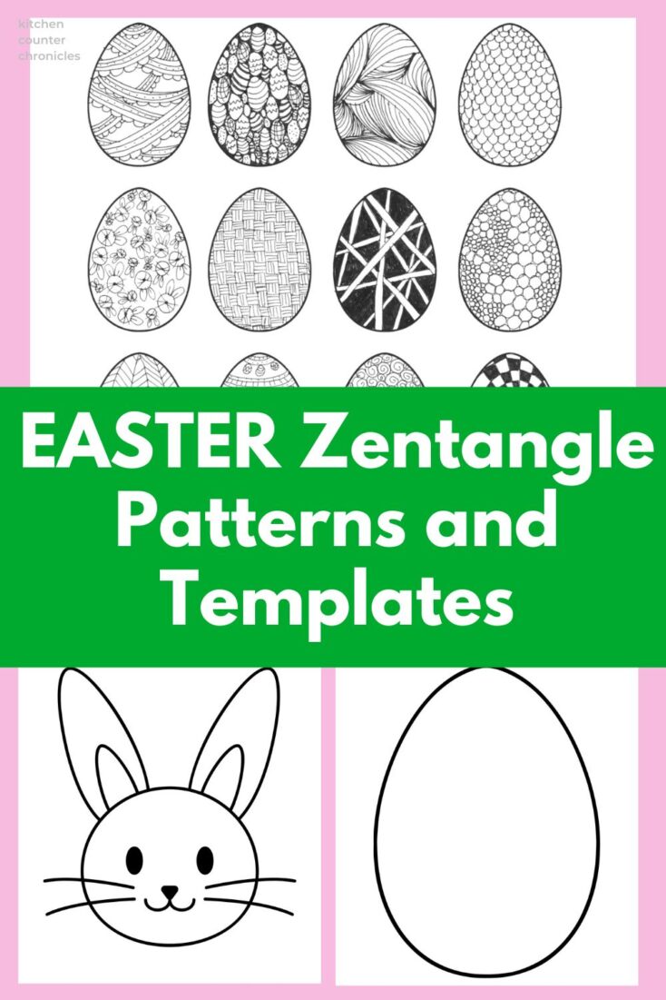 easter eggs filled with zentangle patterns and easter templates to print - an easter bunny and a large easter egg