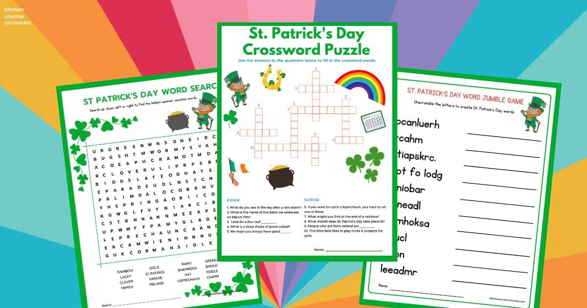 free st patricks day word games for kids 3 games on rainbow background - crossword puzzle, word search and word jumble