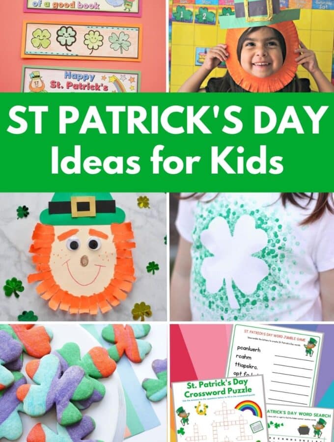 collage of creative st patricks day crafts and activities for kids