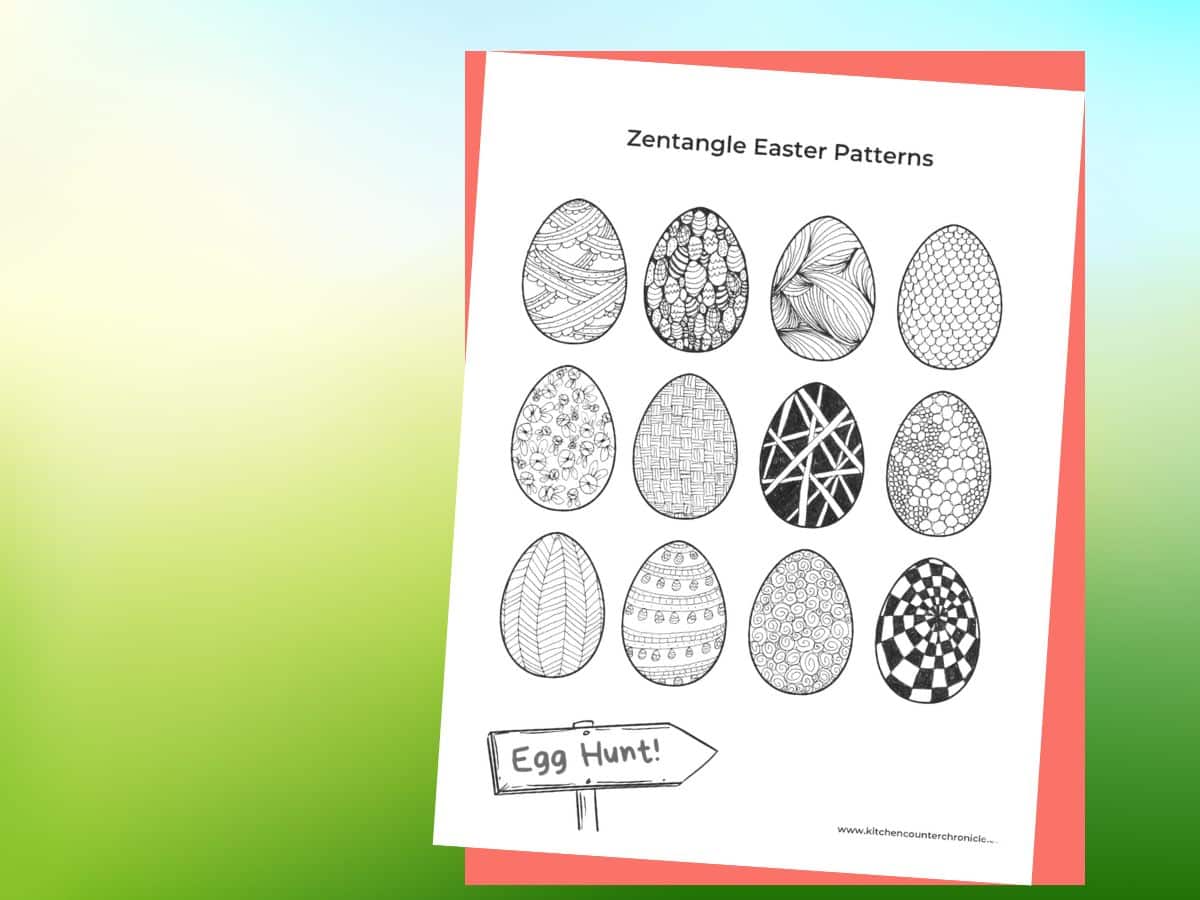 printable zentangle easter eggs filled with easy zentangle easter patterns and more. on blue and green background