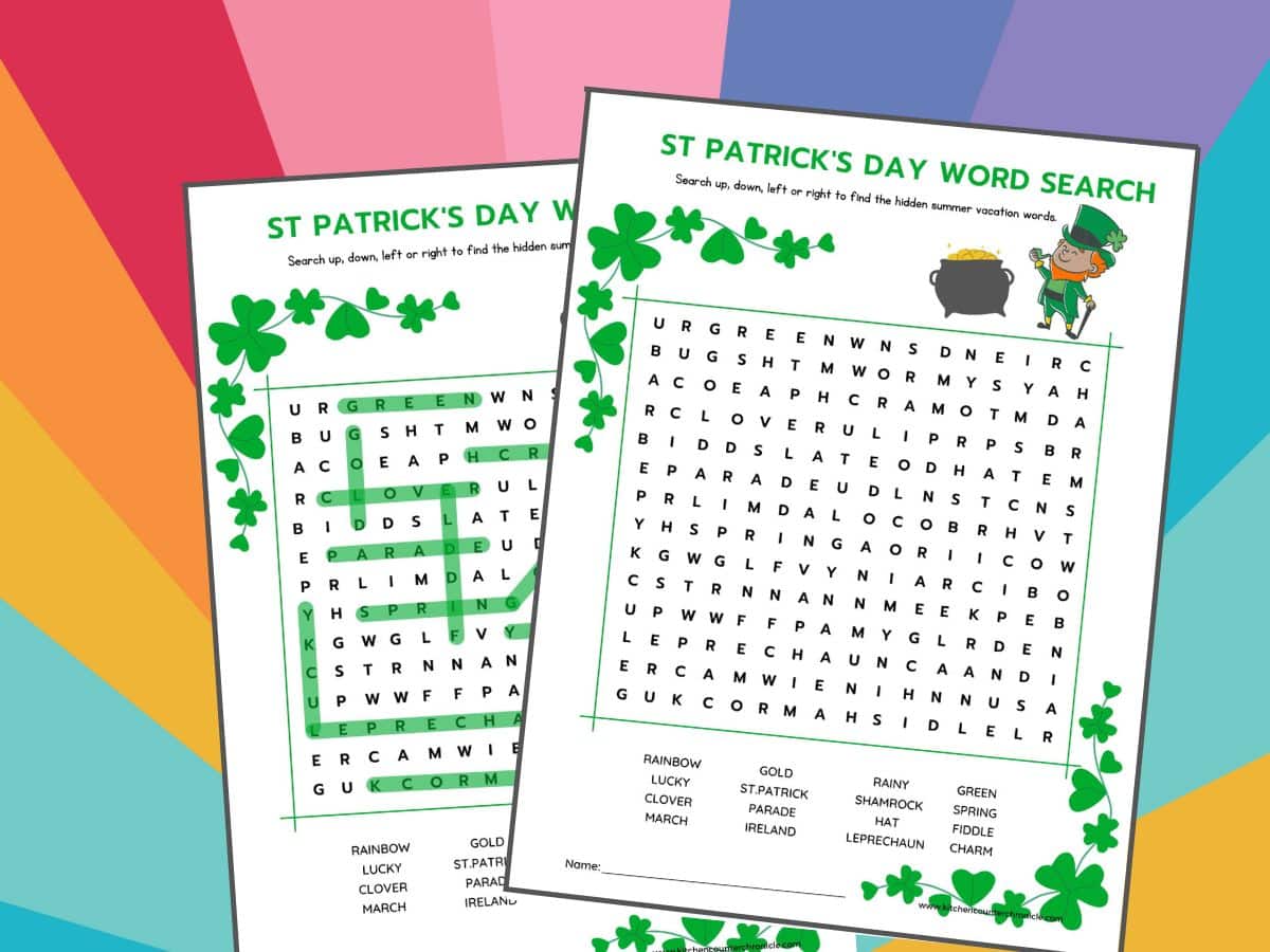 print out of st patrick's day word search and st patricks day word search answers on rainbow background