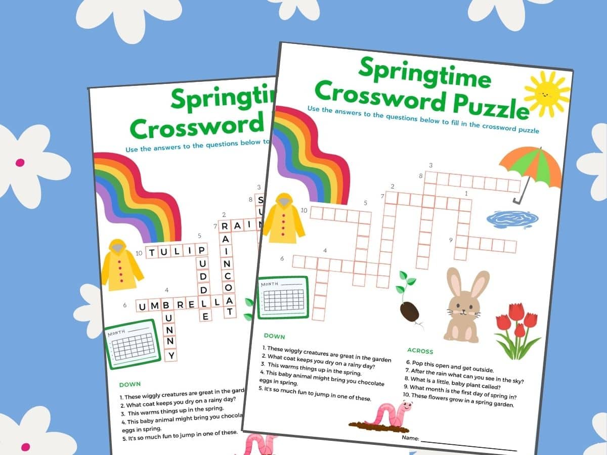 printable spring crossword puzzle game with answer key on blue background