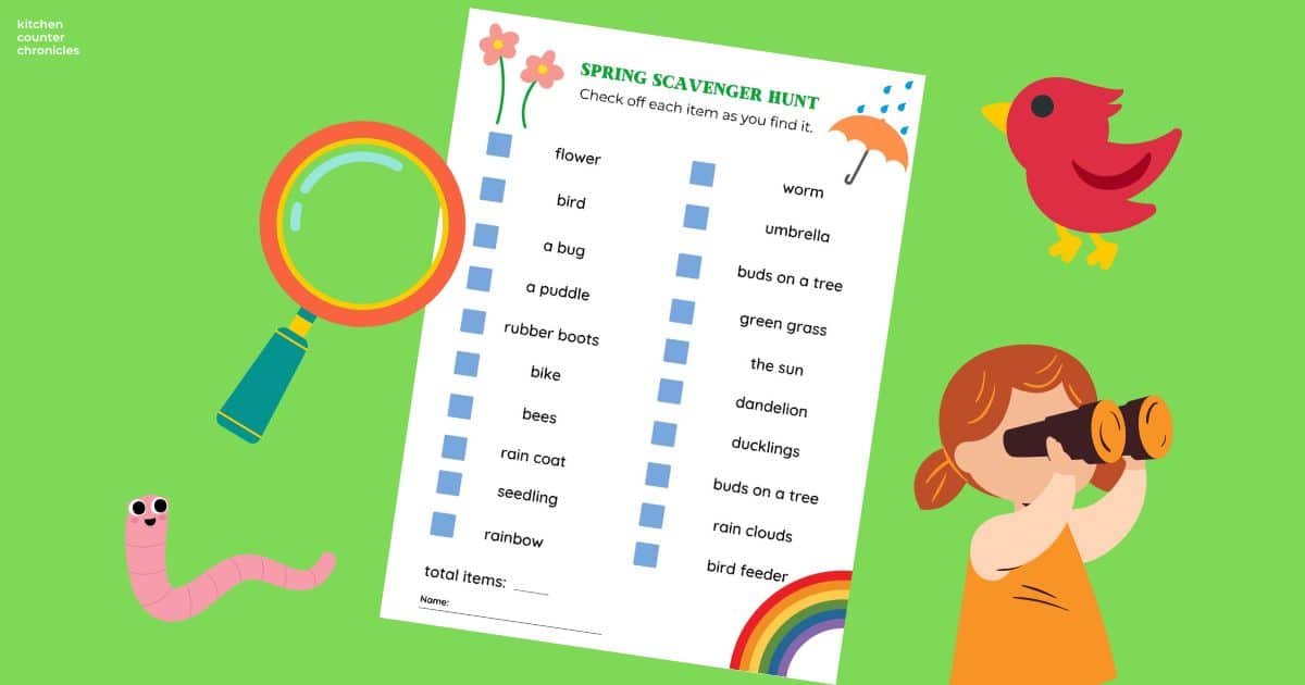social image for spring scavenger hunt printable for kids with worm, magnifying glass, bird and kid with binoculars.