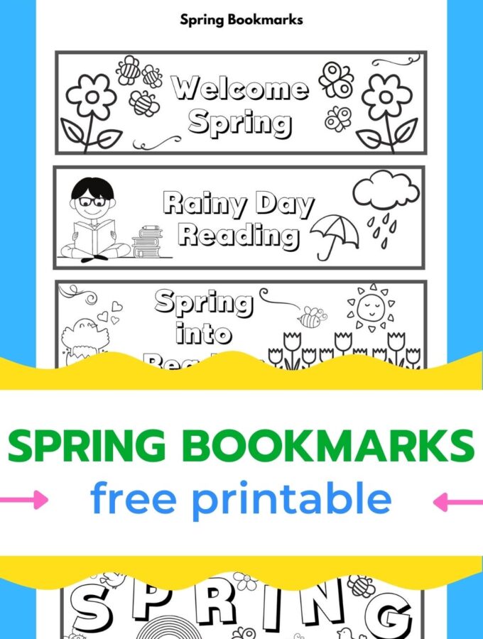 printout of spring bookmarks to color with title "Spring Bookmarks free printable"