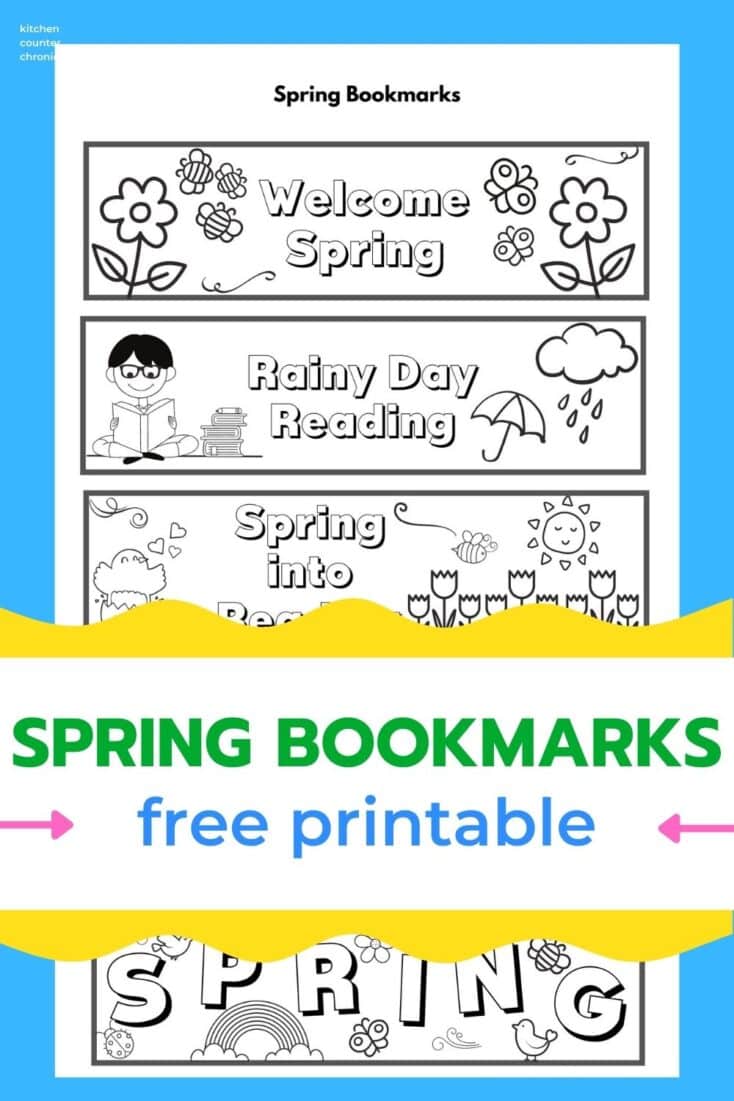 printout of spring bookmarks to color with title "Spring Bookmarks free printable"