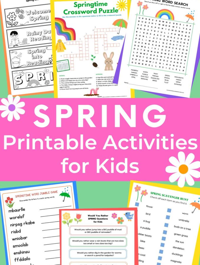 collage of spring printable activities and games, word search, crossword puzzle, bookmarks, scavenger hunt, and title "Spring Printable Activities for Kids"