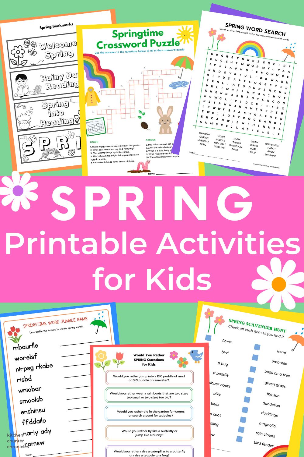 collage of spring printable activities and games, word search, crossword puzzle, bookmarks, scavenger hunt, and title "Spring Printable Activities for Kids"