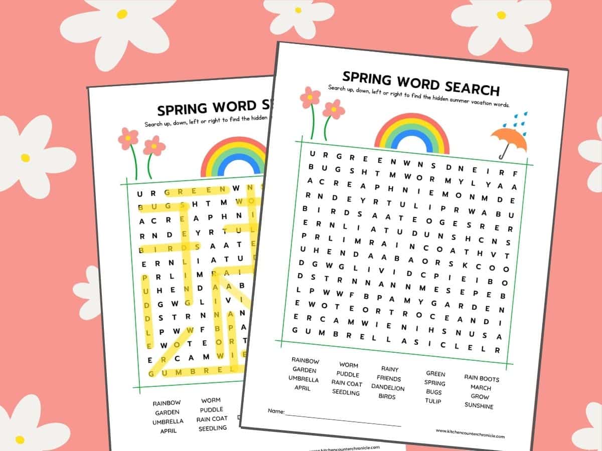 spring word search printable game with answer sheet