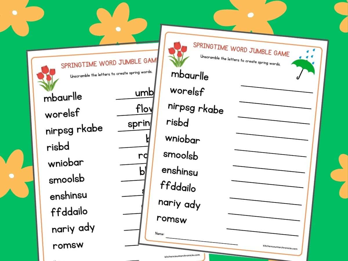 springtime word jumble game printable for kids with answer sheet