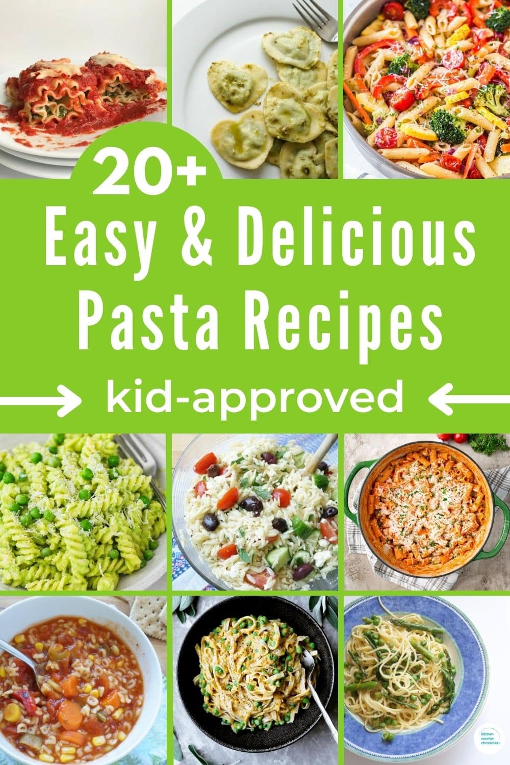 collage of 9 pasta dishes with title "easy and delicious pasta recipes: kid-approved"
