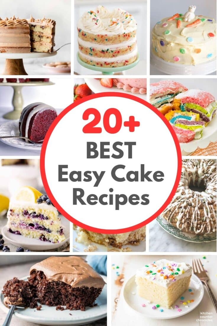 collage of 9 cakes with title "20+ Best Easy Cake Recipes"