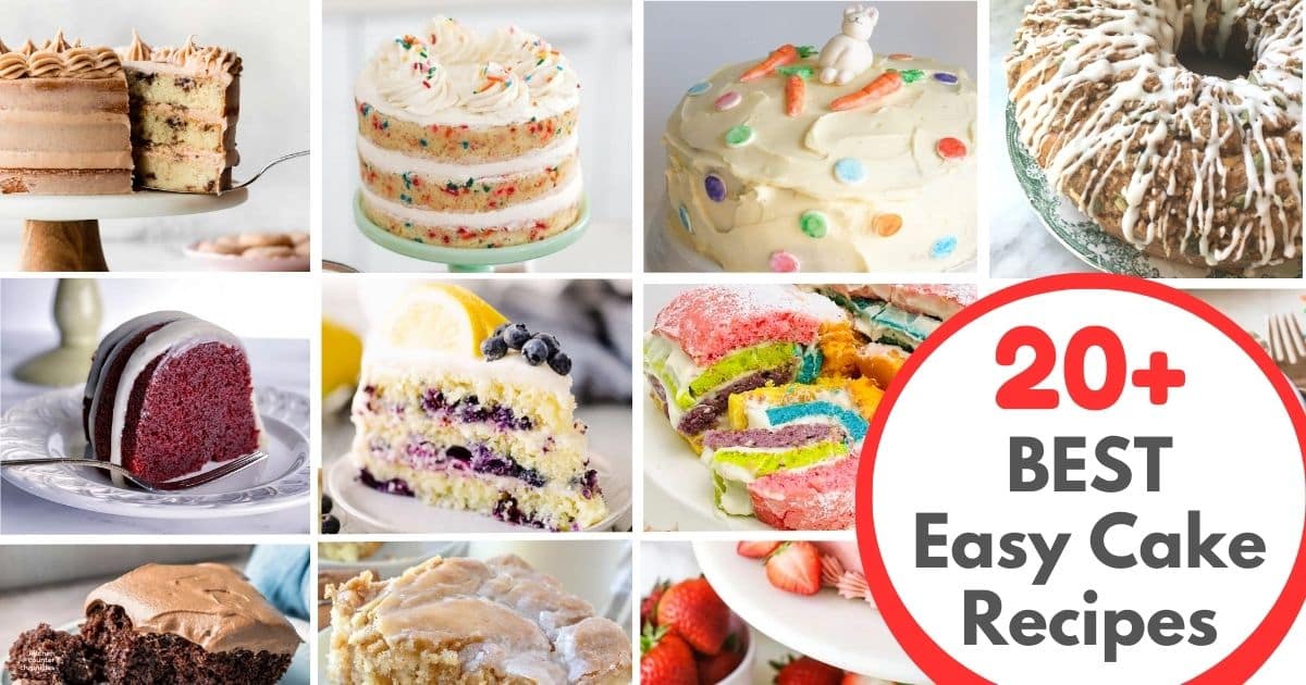 collage of 12 different cakes with the title "20+ best easy cake recipes"