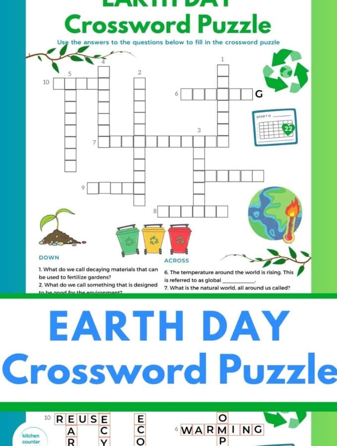 A fun Earth Day crossword puzzle for kids of all ages. A free printable Earth Day activity.