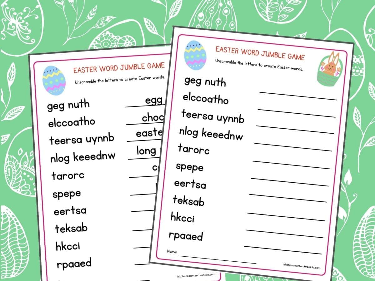 Easter word jumble game printable for kids with answer sheet