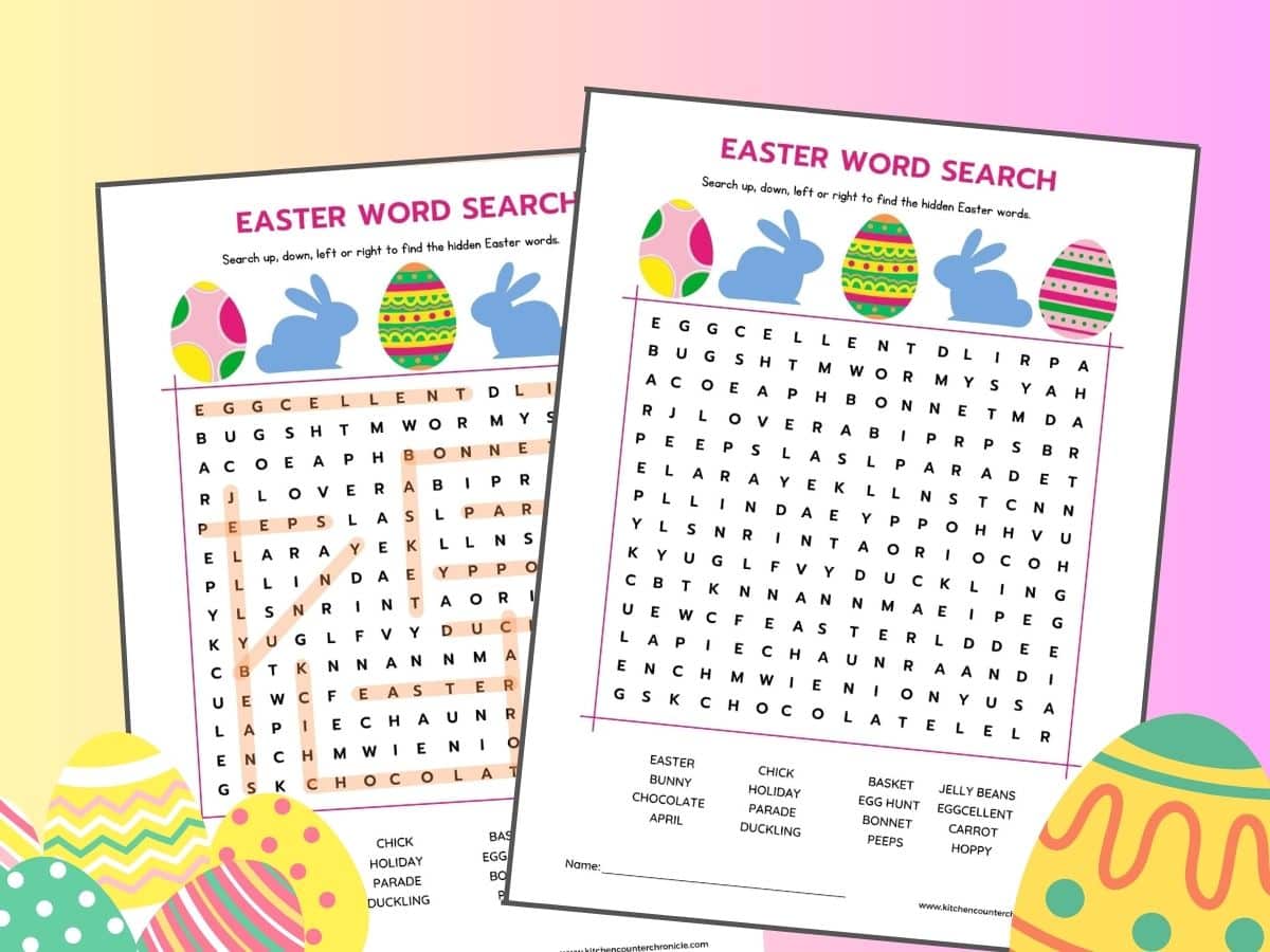 Easter word search printable with Easter word search answer sheet printable surrounded by Easter eggs