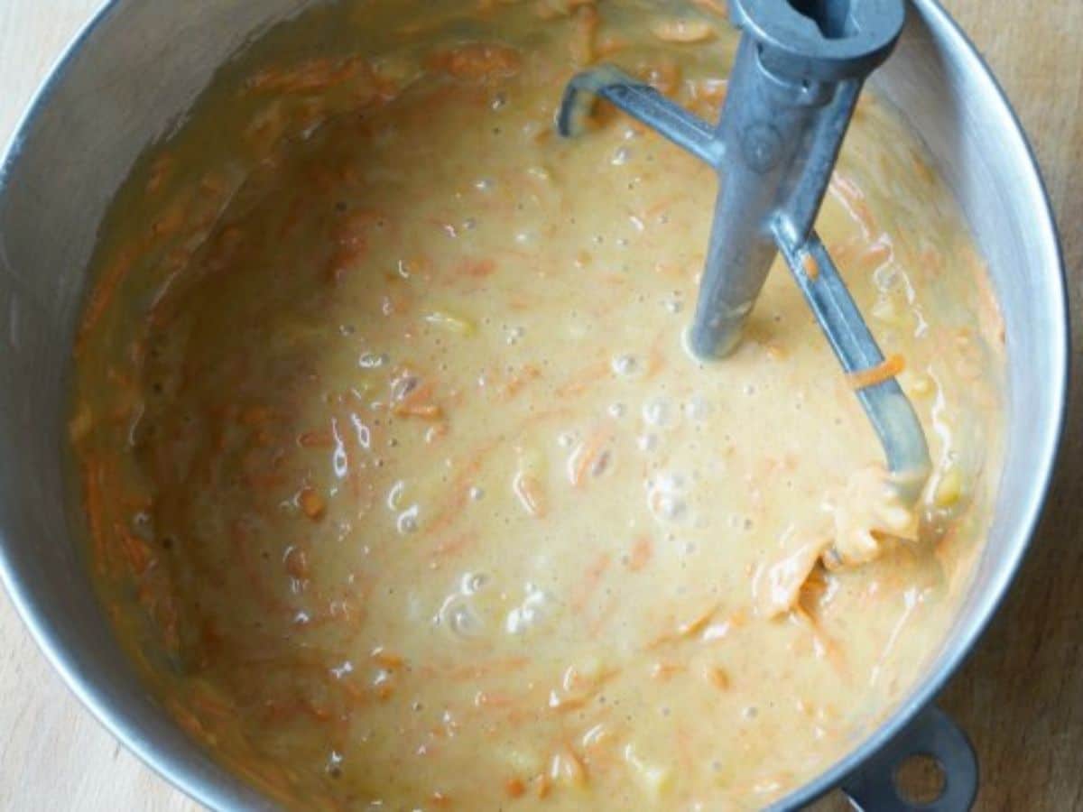 carrot cake batter in stand mixer bowl