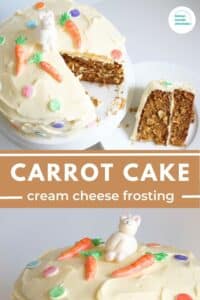 carrot cake with cream cheese frosting on cake plate with title "Carrot Cake with Cream Cheese Frosting"