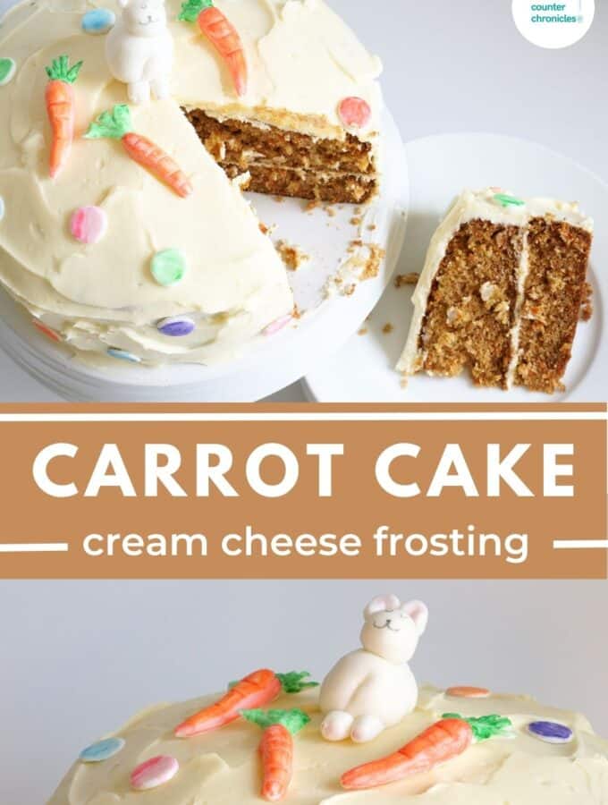 carrot cake with cream cheese frosting on cake plate with title "Carrot Cake with Cream Cheese Frosting"