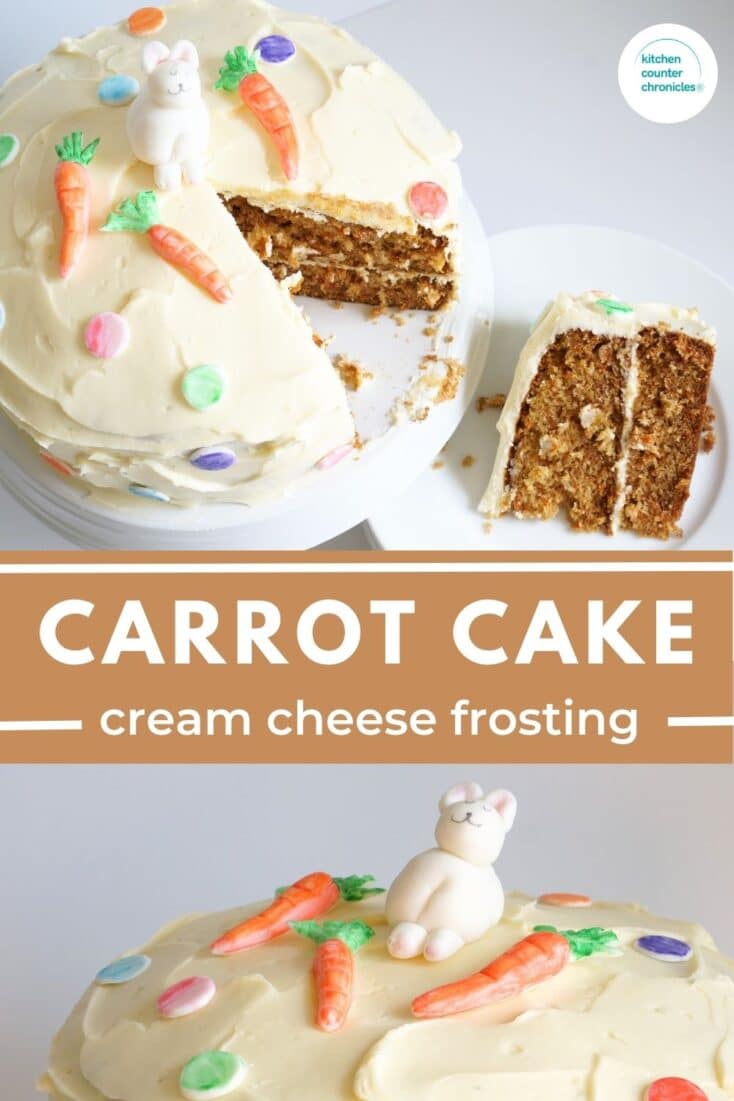 carrot cake with cream cheese frosting on cake plate with title "Carrot Cake with Cream Cheese Frosting"