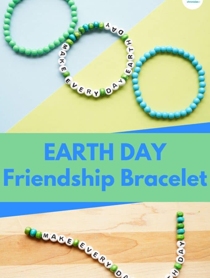 Title "Earth Day Friendship Bracelet" 3 beaded bracelets - one green and one blue and one that says "make every day earth day"