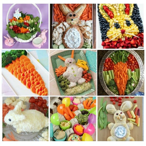 collage of easter fruit and vegetable trays