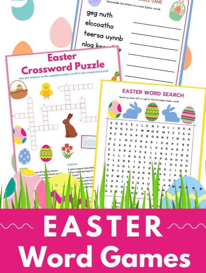 free Easter games for kids printable Easter crossword puzzle, easter word jumble and easter word search, with title "Easter word Games"