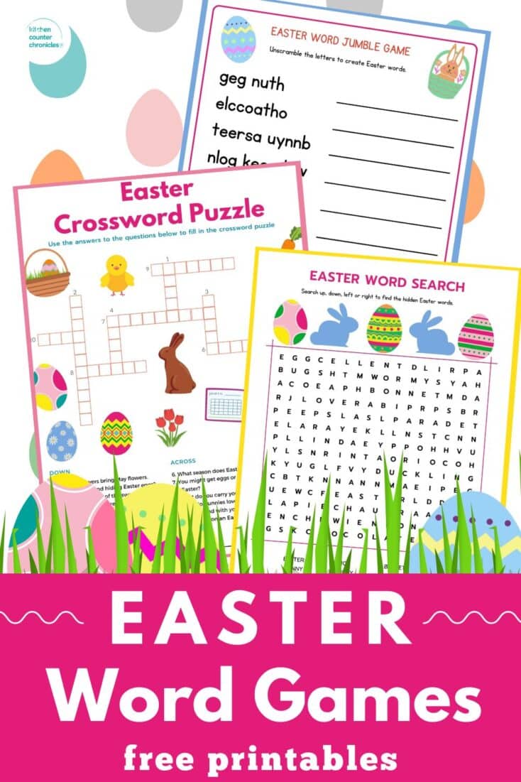 free Easter games for kids printable Easter crossword puzzle, easter word jumble and easter word search, with title "Easter word Games"