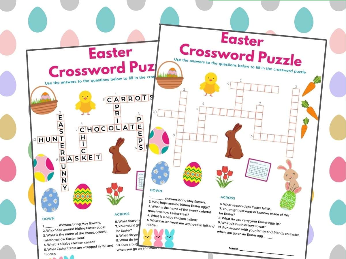 free printable Easter crossword puzzle and Easter crossword puzzle answer sheet on Easter egg background