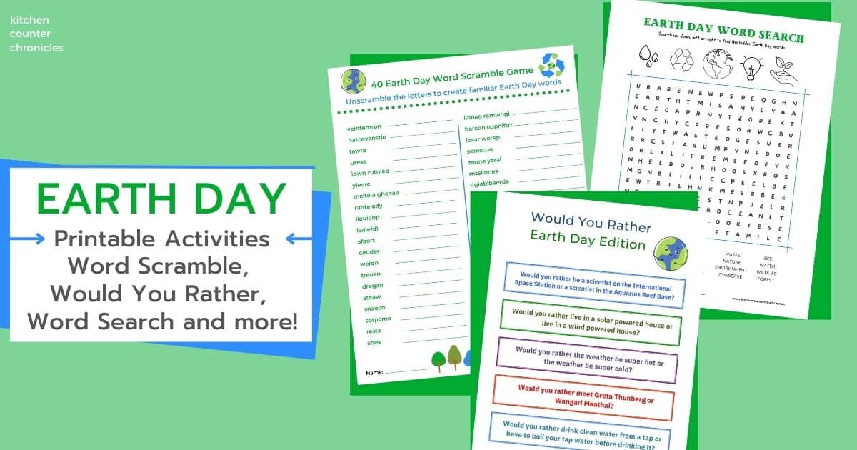 earth day printable games for kids word search, word scramble and would you rather