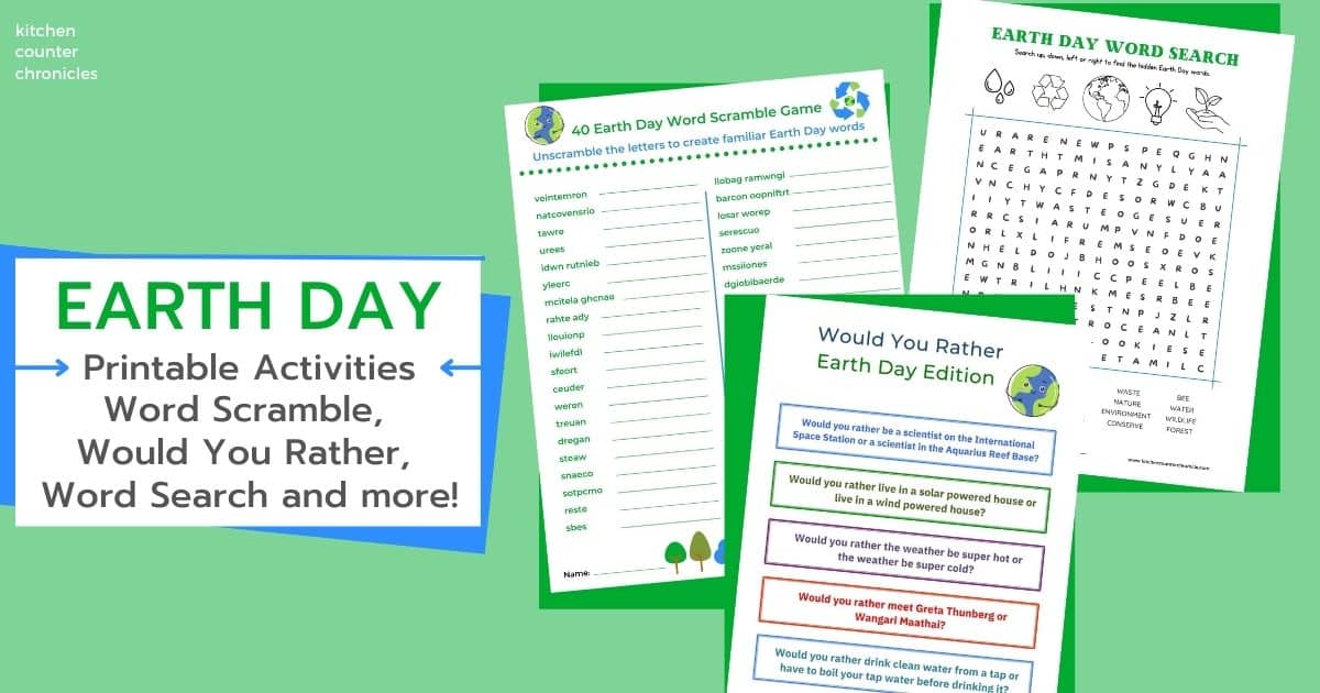 printable earth day activities for kids - earth day word search, earth day would you rather and earth day word scramble game