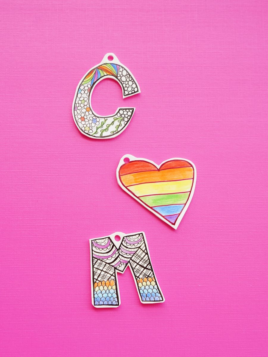 shrinky dink zentangle letter m and c and rainbow heart for mother's day keychain