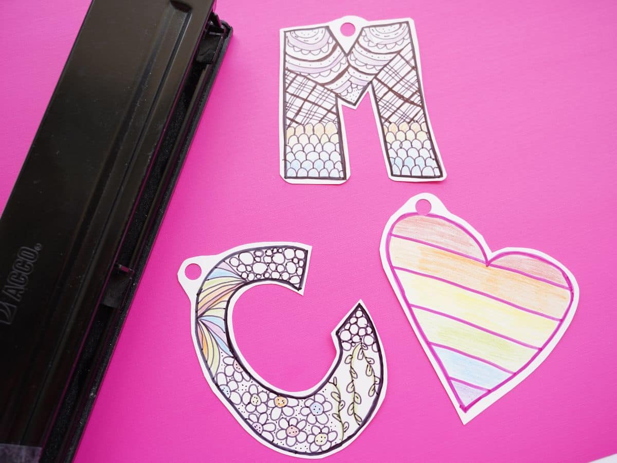 zentangle initial coloured, cut out and with hole punch