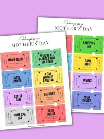 2 sheets of happy mother's day coupons for mom on a purple background
