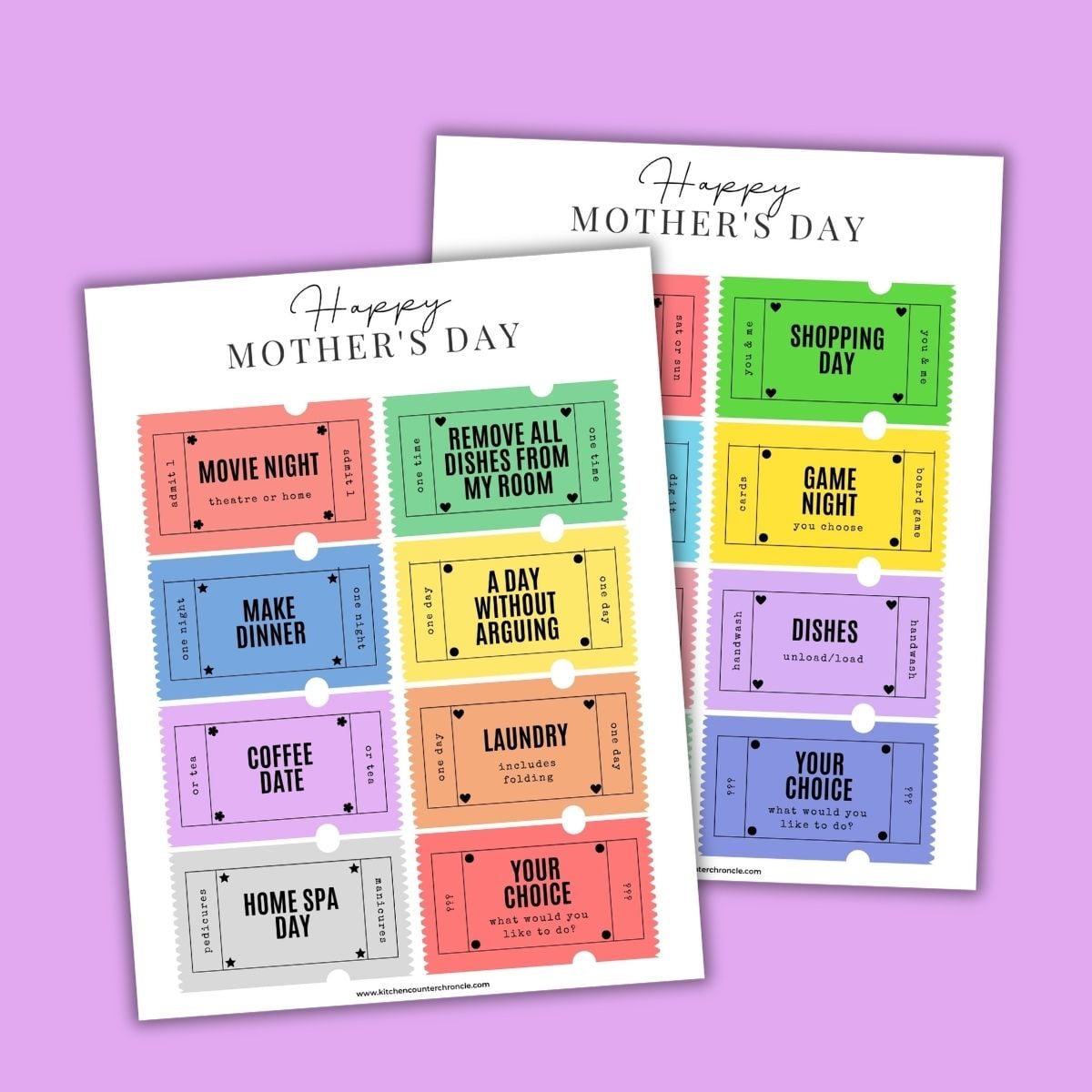 2 sheets of happy mother's day coupons for mom on a purple background