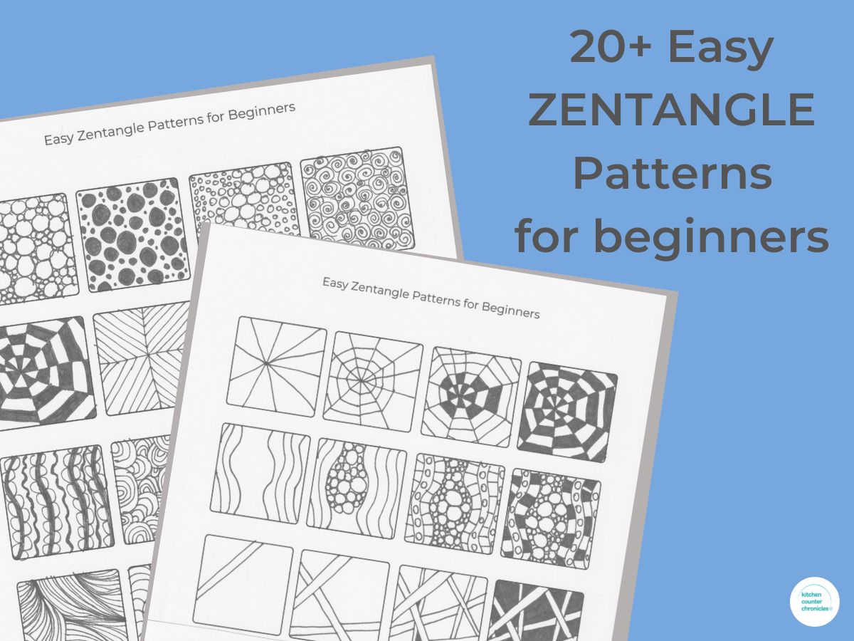 title "20+ Easy zentangle patterns for beginners" and print out of 2 sheets of zentangle-inspired patterns