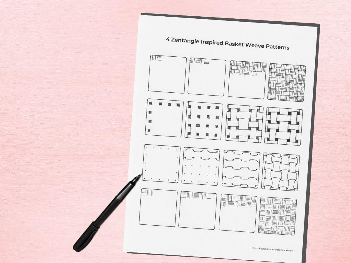 4 zentangle basket weave patterns printable sheet with black pen on pink table