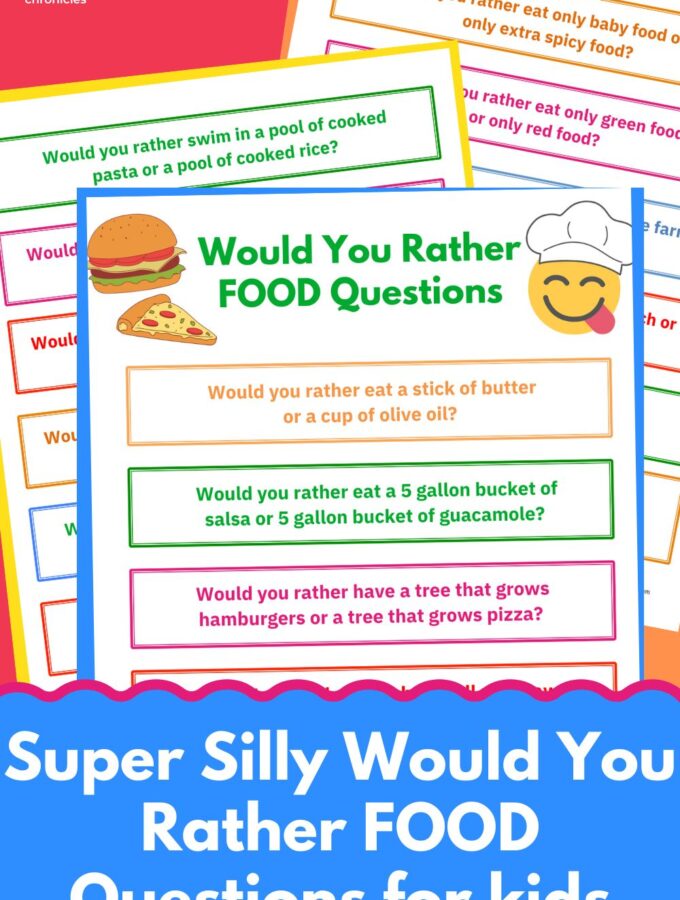 3 sheets of printable would you rather food questions with title "super silly would you rather food questions for kids"
