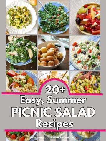 collage of summer picnic salads in bowls
