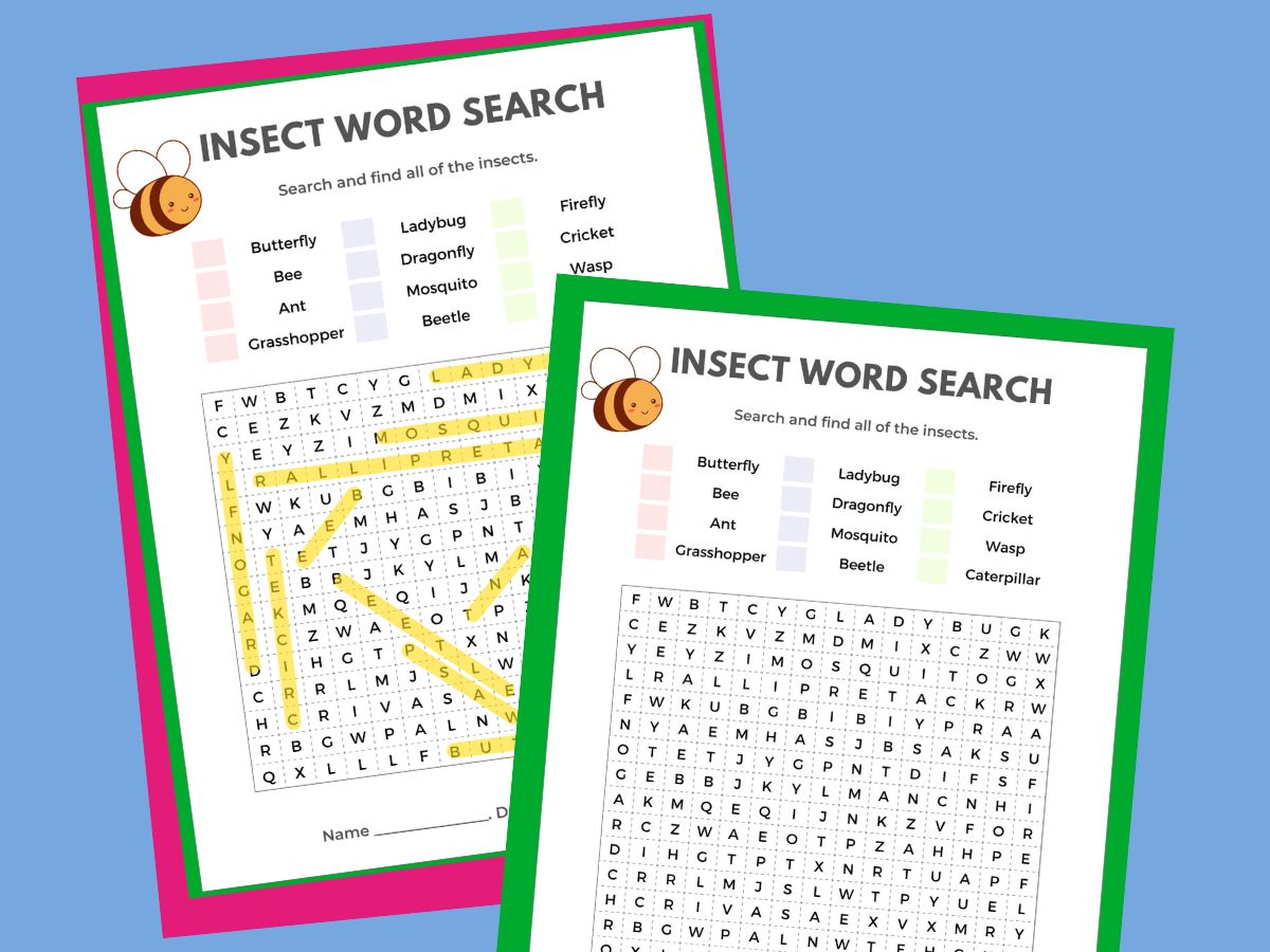 print out of insect word search and insect word search answer sheet on blue background
