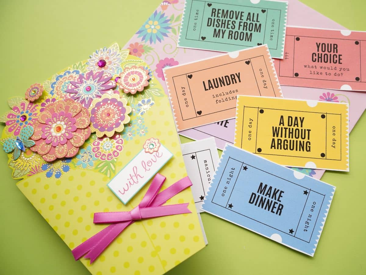 mother's day card with tween and teen mother's day coupons beside and inside the card