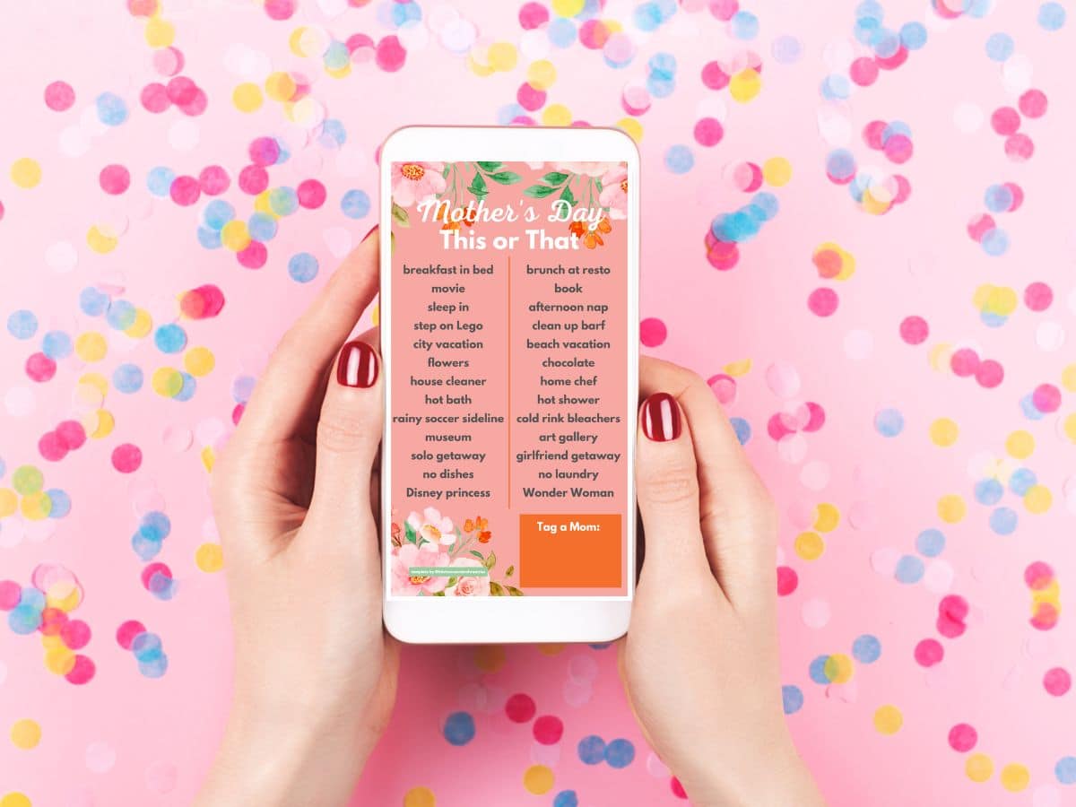 mother's day this or that Instagram template phone in woman's hands with pink confetti background