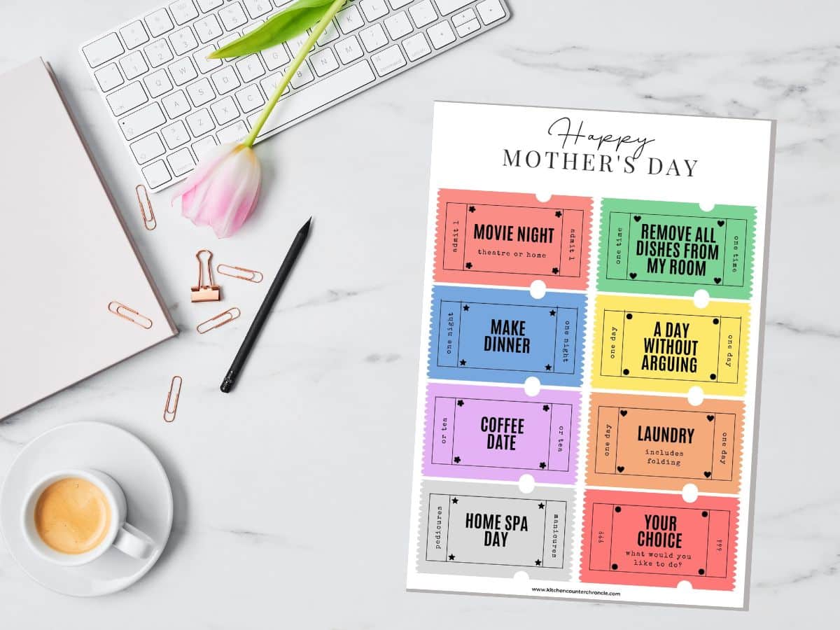 printable mother's day coupons for tweens and teens on desktop with tulip, keyboard and cup of coffee