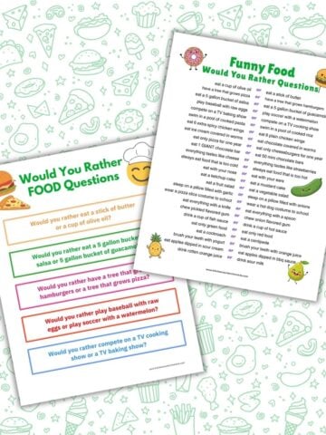 silly would you rather questions about food printable game