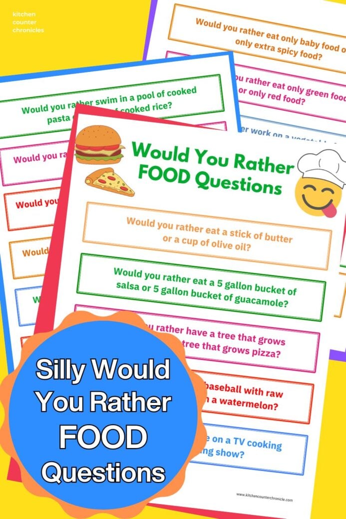 three sheets of would you rather food questions for kids
