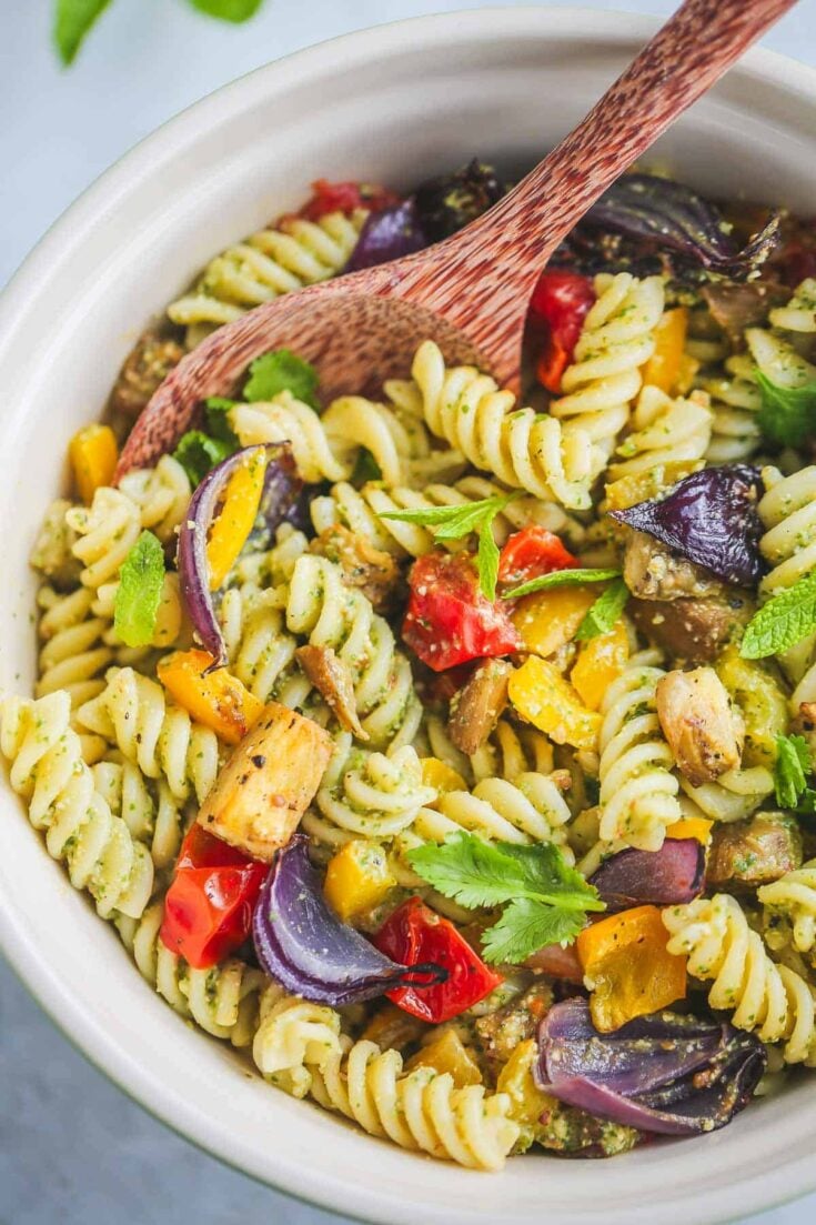 close up of vegan pasta salad