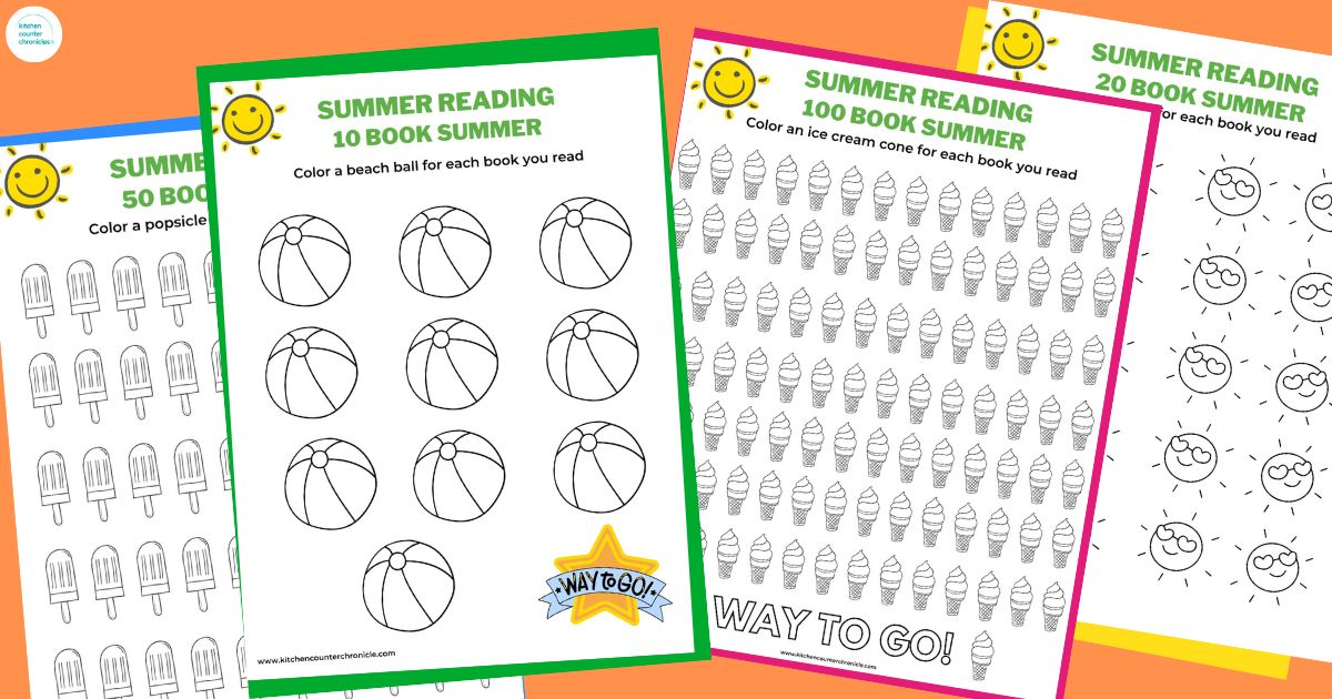 4 summer reading trackers - 10 books, 20 books, 50 books and 100 books. Trackers with summer items to color in.