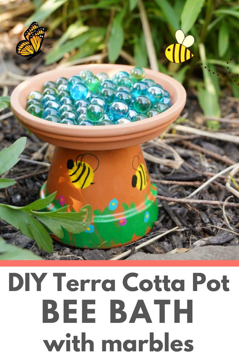 title "how to make a terra cotta pot bee bath with marbles" image of terra cotta bee bath in a garden