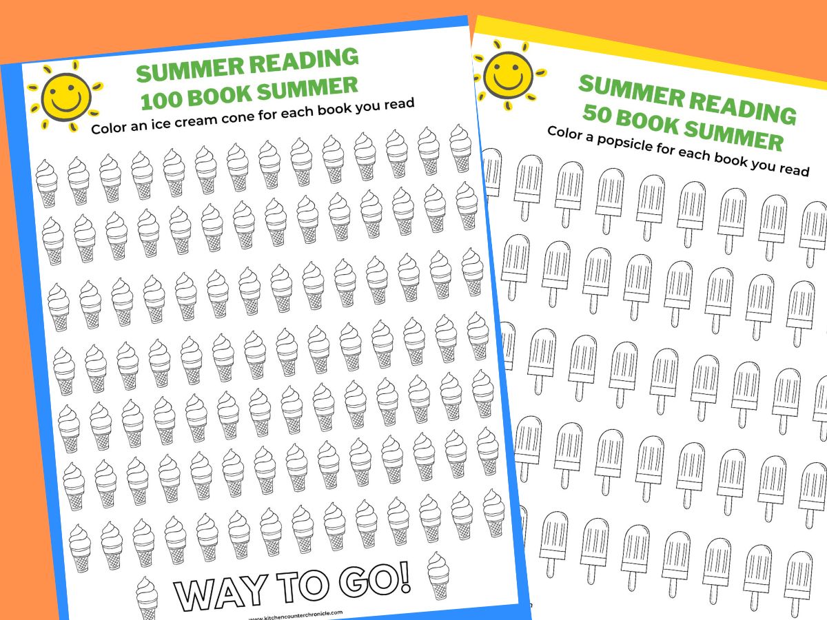 print out of 2 summer reading log worksheets to color 100 book tracker and 50 book tracker